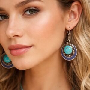Tibetan Handmade Dangle Earrings In Lapis & Turquoise Gemstones Boho Style #886